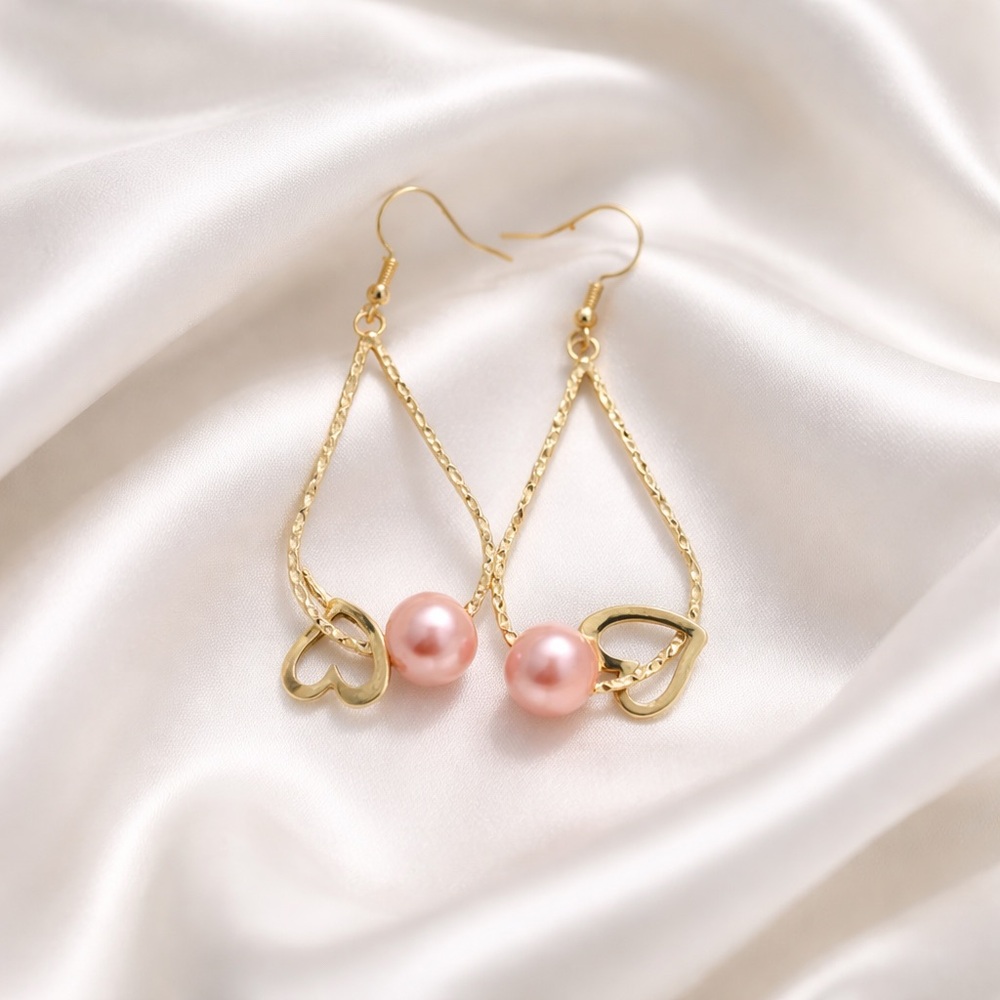 Gold Teardrop Heart Earrings with Pink Pearl Accent